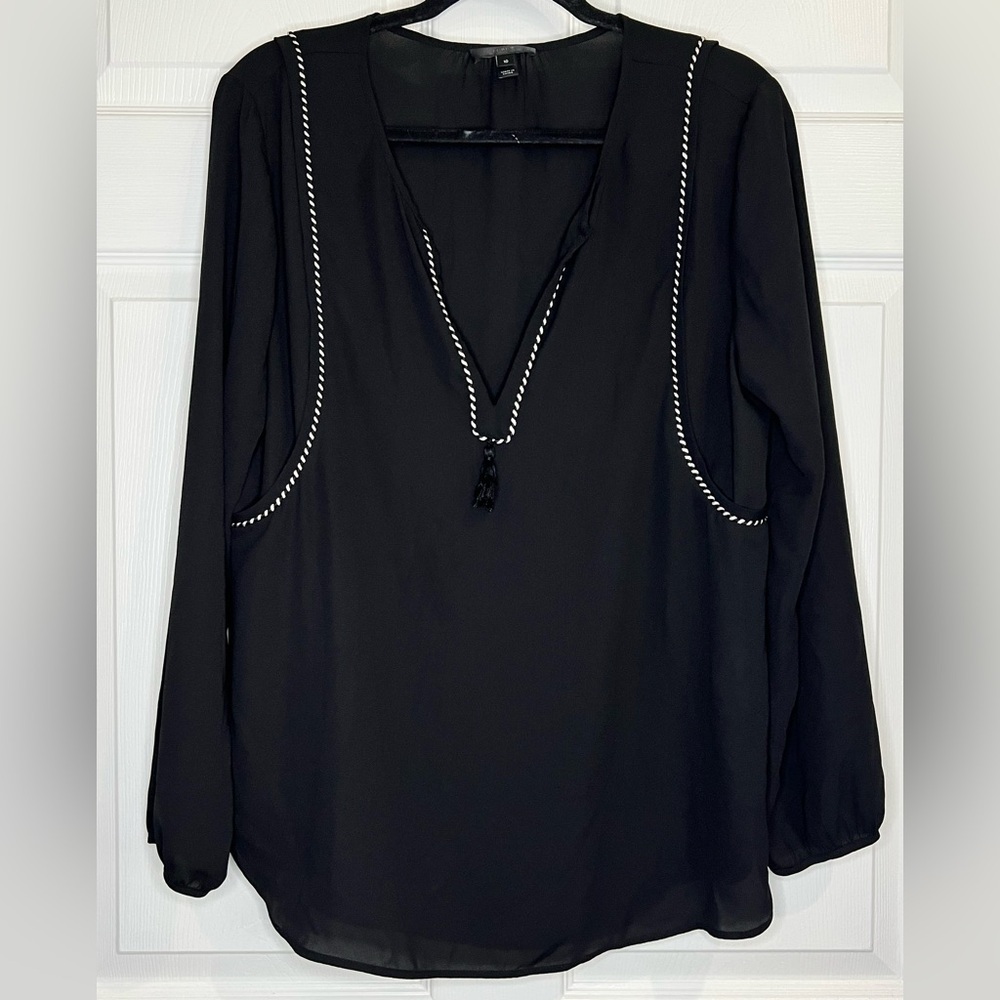 J. Crew Women's Split Neck Blouse with Tassel Trim - Black - Size 10